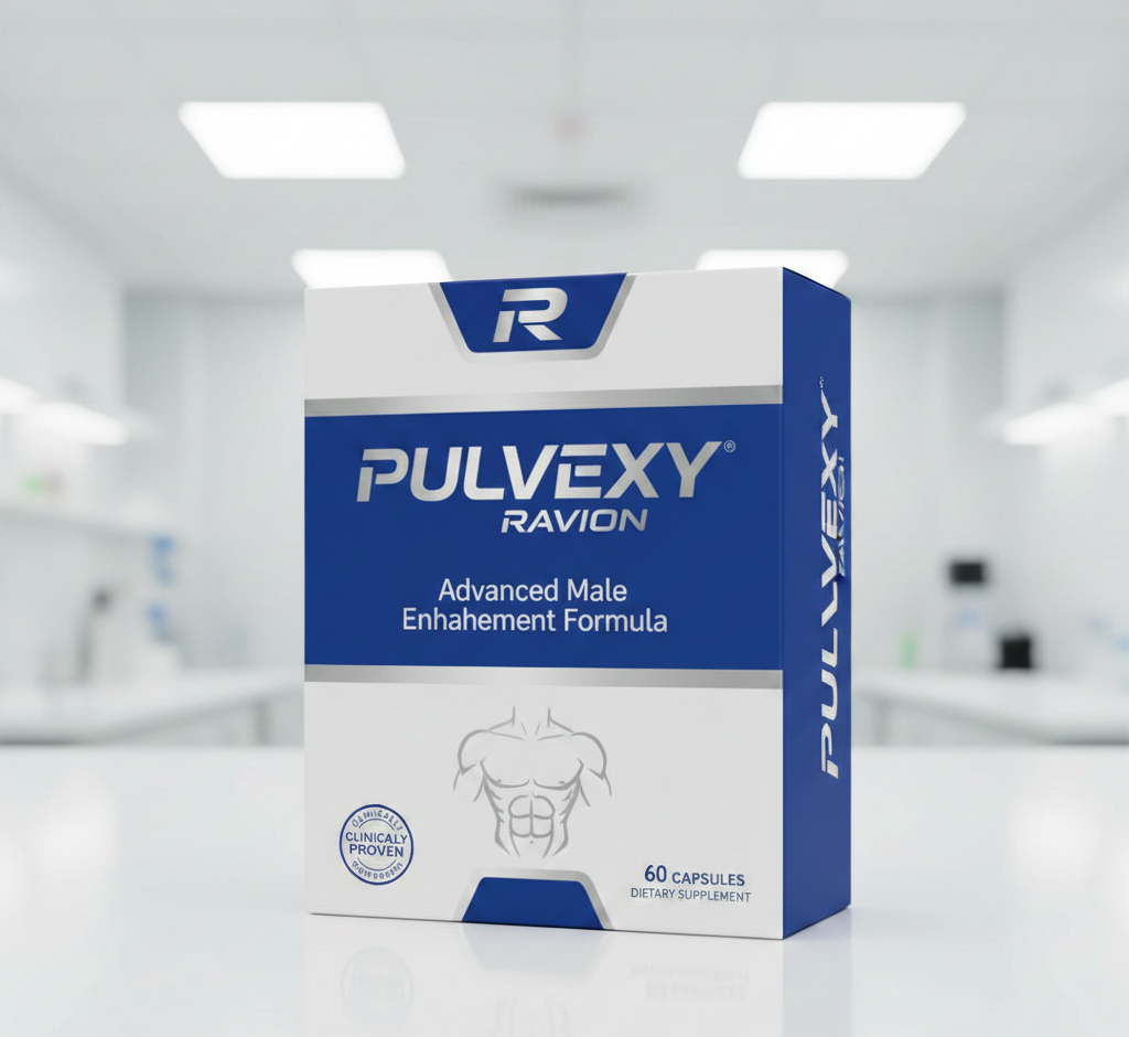 Ravion prémium férfi wellness étrend-kiegészítő kapszulák elegáns üveg palackban, természetes zöld és ezüst színekben, modern csomagolással, professzionális termékfotó stílusban